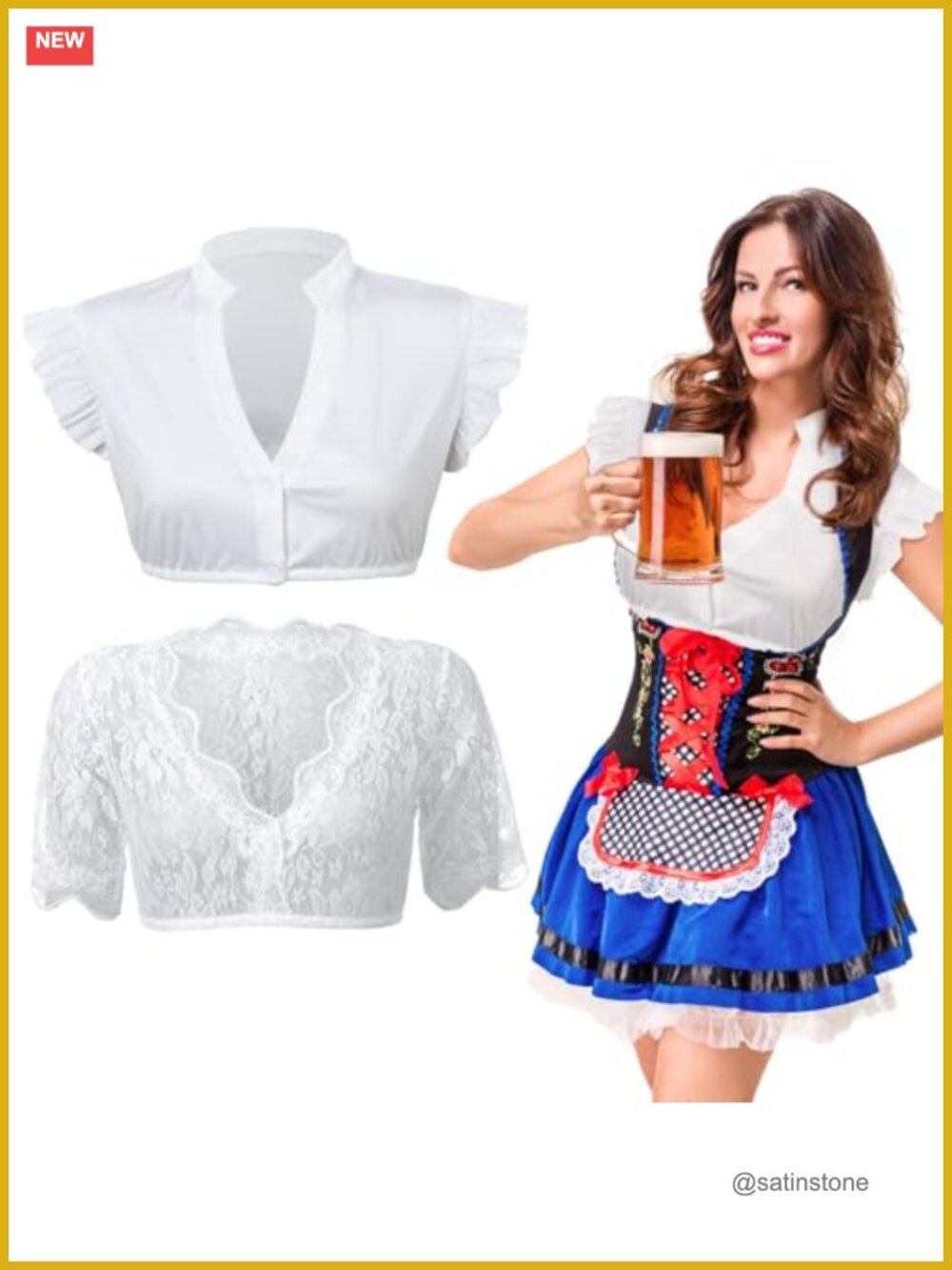 2 Pcs Women Oktoberfest Dirndl Blouse Polyester Cropped Puff Sleeve